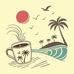 Aromatic Coffee Cup with Island Paradise Beach View Retro Vacation Theme Illustration Art Print for Coffee Lovers