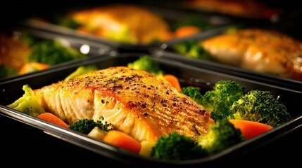 Baked salmon with vegetables in black containers