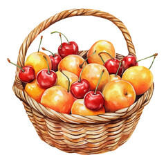 African Cherry Orange Fruit Basket, watercolor clipart vector, isolated on a white background.
