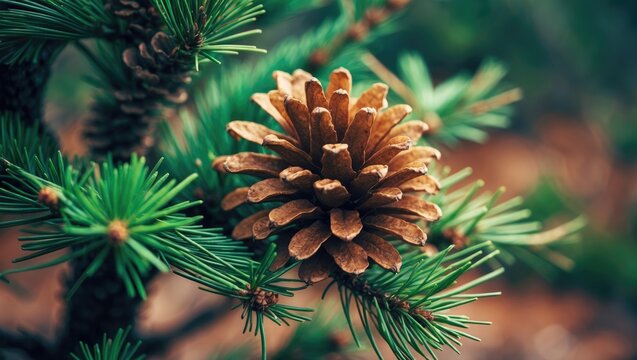 A perspective from the top of a pine tree shows newly blooming flowers and developing cones among lush green needles, emphasizing seasonal changes in forest habitats. - Powered by Adobe
