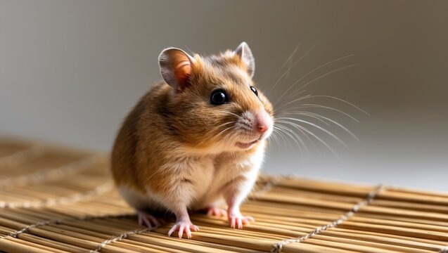 Golden, or Syrian Hamster, or Goldhamster (Mesocricetus auratus). The studio photograph is taken in a controlled environment.
