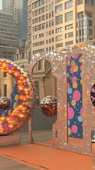 Sparkling decorative urban art installation with metallic spheres and vibrant patterns