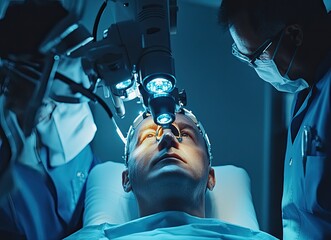 Neurosurgery A team of surgeons performs a complex brain operation using advanced medical technology.