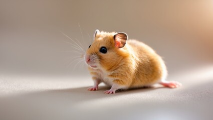 Close-up of a fluffy golden hamster with black ears and bright eyes, resting on a plain white background featuring a Golden Hamster.