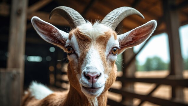 Close-up of a goat's head portrait, showcasing a farm animal with gentle eyes in a rustic setting illuminated by natural light, representing domestic livestock.