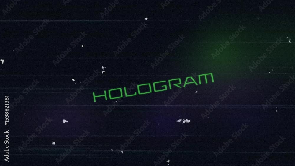 Poster static glitch initiating green hologram text appearing glitching dissolving into noise in interface