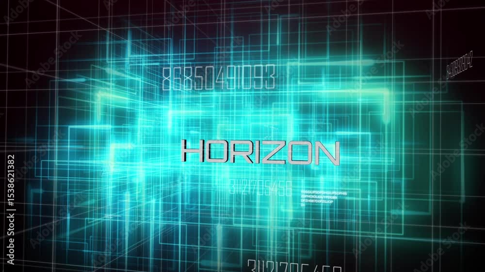 Poster merging glow forming wireframe network in data space, horizon pulsing with red guide lines and code