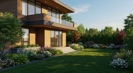 Obraz premium Fragment of luxury house with beautiful summer landscape
