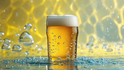 Drinking macro beer with a watery backdrop, condensation appears at the base of a chilled pint of beer, and the transparent background emphasizes the water droplets on the vibrant yellow surface.