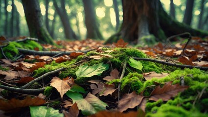 Obraz premium Forest background with old tree branches covered in green thick moss lying on the ground among fallen autumn oak leaves, showcasing beautiful autumn backgrounds and textures while walking through.