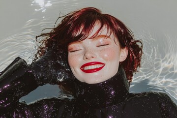 Young caucasian woman smiling in water, red hair, black outfit, freckles, relaxation