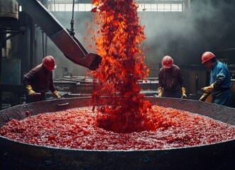 Molten metal pouring into a large container in a steel factory; three workers in hard hats observe the process.