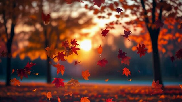 Autumn Sunset Falling Leaves in Golden Hour