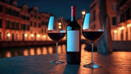 Red wine glasses and bottle displayed.