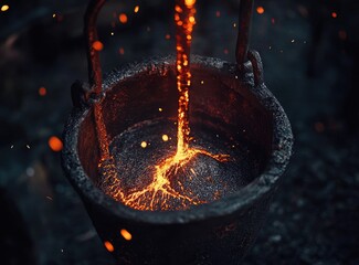 Molten metal pouring into a crucible, sparks flying.