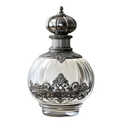 Antique silver perfume bottle ornate glass design on transparent background