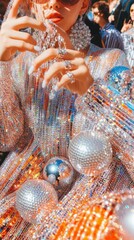 Fashionable woman in glittering attire with shiny accessories