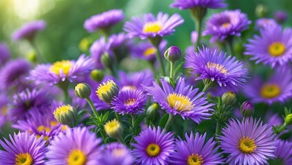 Obraz premium Bloom of bright Aster novi-belgii in autumn. Lovely fall pink flowers of Symphyotrichum novi-belgii from the family Asteraceae. Colorful Michaelmas daisy. Seasonal wallpaper for design.