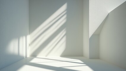 Fototapeta premium Concrete Wall Texture with Leaves Shadow Overlay on White Background, Empty Grey Studio Setting with Sunbeam on Floor, Backdrop Banner for Cosmetic Product Display, Mockup Beauty Presentation