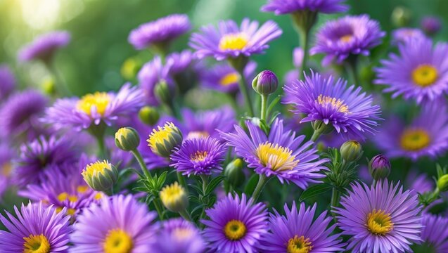 Bloom of bright Aster novi-belgii in autumn. Lovely fall pink flowers of Symphyotrichum novi-belgii from the family Asteraceae. Colorful Michaelmas daisy. Seasonal wallpaper for design. - Powered by Adobe