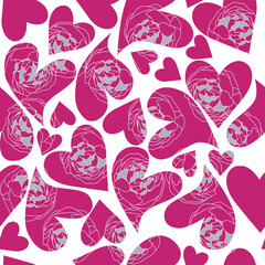 Peonies Outline With Leaves and Buds. Gray and White Flowers on Grey Background. Vector Seamless Pattern