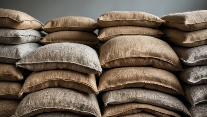 Stacked old sandbags creating a protective barrier against natural disasters, background.