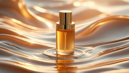 Golden skin care essence water, a luxurious art form reflected on water.