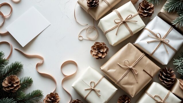 Christmas gift boxes, craft paper envelope and blank form, ribbons and scissors on a white background with fir branches. Christmas greeting card. Boxing Day. - Powered by Adobe