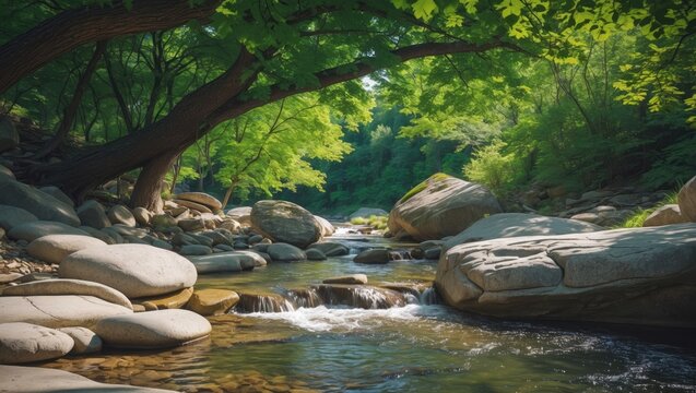 A tranquil stream winds through a verdant, shaded forest in Hervas, Caceres, where sunlight filters through thick foliage, casting dappled shadows on the rocks and water, forming a peaceful sanctuary.
