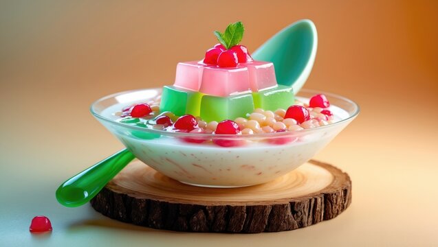 Es Selendang Mayang with Mutiara, a traditional Betawi Jakarta beverage. Rice Flour Pudding and Tapioca Pearl served with Coconut Milk Syrup.
