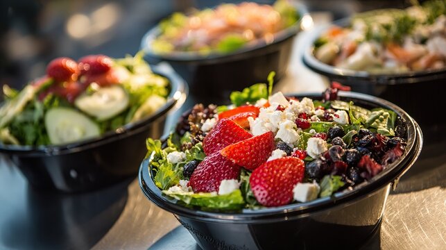 Close-up of assorted fresh salads in black plastic containers