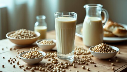 Glass cup, bottle, and jug with soy drink and bowl full of soy beans on wooden table isolated on white background. Front view.
