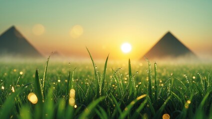 Golden sunrise illuminating dewy meadow grass, forming a peaceful and lively morning scene in the countryside. Juicy green grass with dew drops in the field