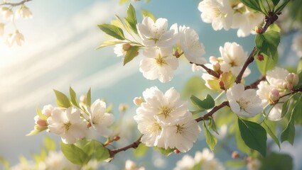 Obraz premium Springtime scene featuring white blossoms and sunbeams on branches, perfect for greeting cards.