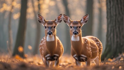 Two young roe deer in a snowy forest during spring