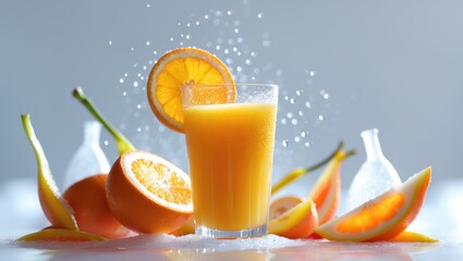 Glass of Orange juice with sacs and sliced fruits isolated on white background.