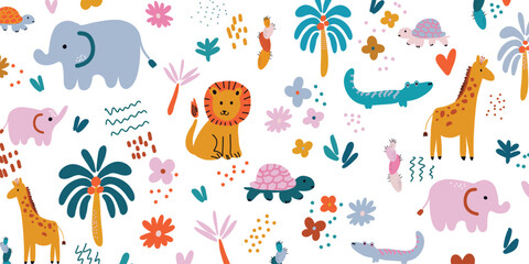 seamless pattern with cute cartoon animals and plants. vector illustration
