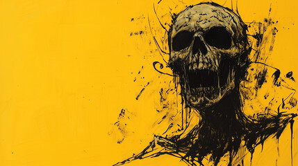 grunge skull illustration on vibrant yellow background with ink splatter, perfect for rock band posters, halloween flyers, edgy apparel prints, or alternative event promotions