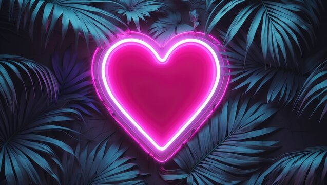 A lively pink heart-shaped neon sign emits a glow amidst lush palm leaves, establishing a cozy ambiance in a chic indoor setting, ideal for relaxation or dining. - Powered by Adobe