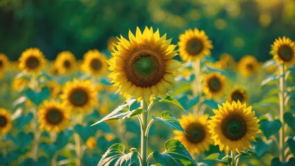 Fototapeta premium A stunning sunflower displays its vibrant yellow petals and detailed seed center, flourishing in a sunlit field with green leaves around it on a warm afternoon.