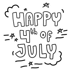 Happy 4th of july united states of America national independence day text word stroke outline coloring black and white typography hand drawn doodle  stars kids illustration design clipart png