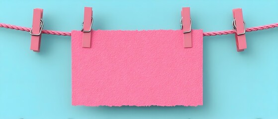 Blank pink note hanging on a clothesline against a blue background