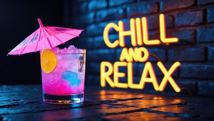 Glowing neon sign featuring a cocktail glass and the phrase Chill And Relax mounted on a brick wall