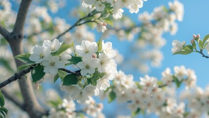 Fototapeta premium Flowering fruit tree in spring. Small white flowers of Mirabelle plum, also called mirabelle prune or cherry plum (Prunus domestica subsp. syriaca).