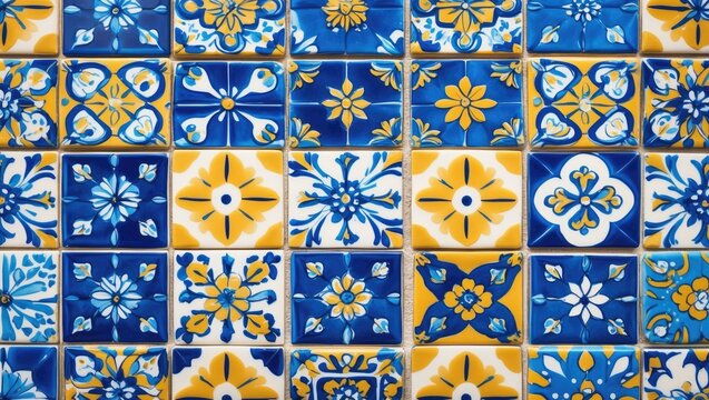 Typical Sicilian floor and wall tiles featuring various patterns and designs in blue, yellow, and white colors - Powered by Adobe