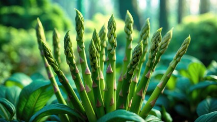 A close-up of a fresh green asparagus plant, featuring needle-like leaves, growing in a garden or greenhouse and encircled by dark green foliage.