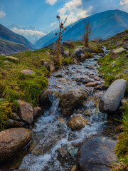 Serene stream flowing through rocky mountainous landscape
