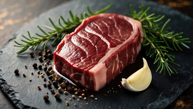 Classic T-bone steak with fresh rosemary, garlic and spices. Modern hard light, dark shadow, trendy stand, dark background, flat lay. overhead view. cooking aged steak - Powered by Adobe