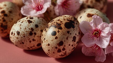 Obraz premium Quail eggs scattered among pink blossoms on a soft surface during springtime