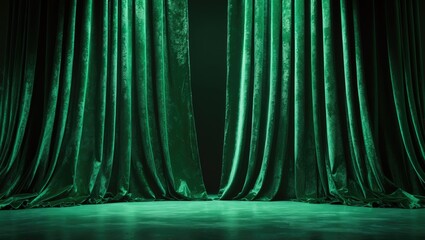 Luxurious velvet green curtain on the stage. Copy space. The concept of music and theatrical art.